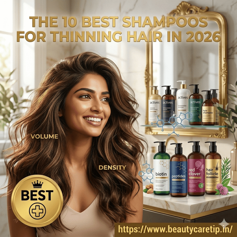 Smiling woman with thick, voluminous hair in a luxury bathroom displaying the 10 best shampoos for thinning hair in 2026, featuring biotin and peptide formulas for volume and density.