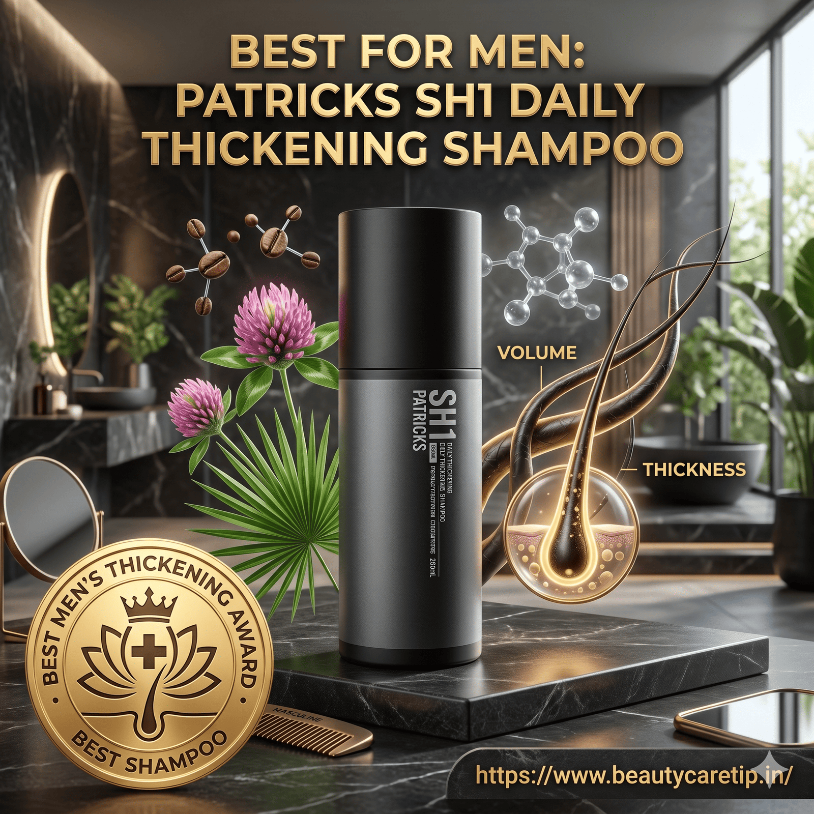 Patricks SH1 minimalist black shampoo bottle.