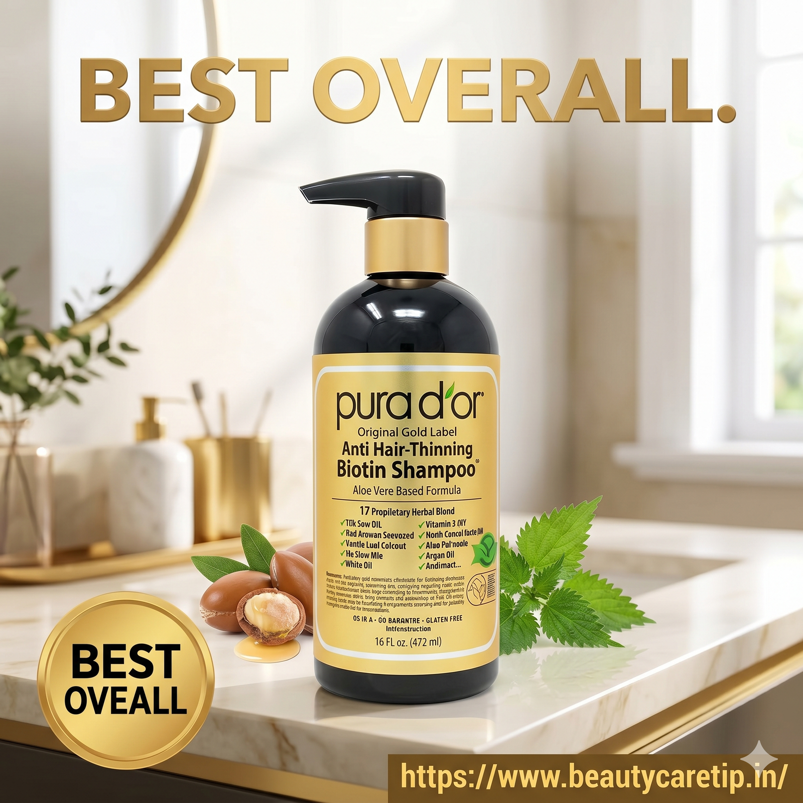 Pura D'or Original Gold Label shampoo bottle showing the pump dispenser.