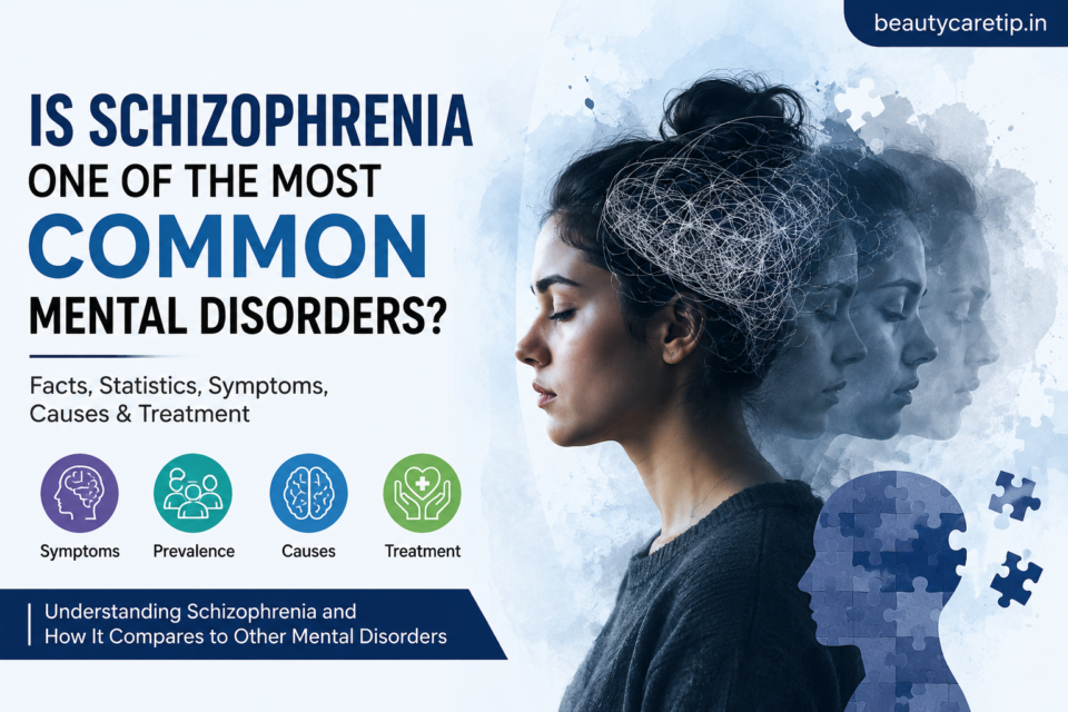 Is schizophrenia one of the most common mental disorders infographic showing symptoms, prevalence, causes, and treatment with mental health awareness concept