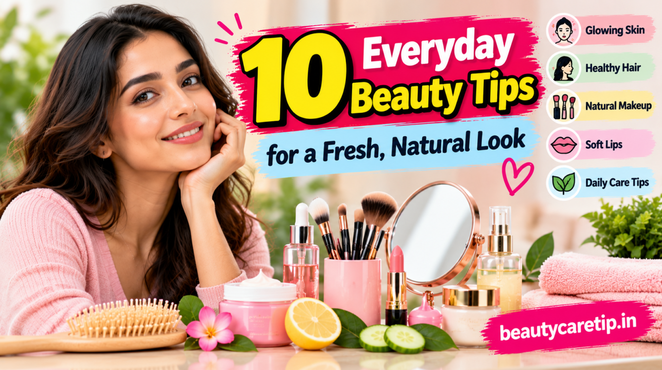 Everyday beauty tips for a fresh, natural look featuring skincare products, makeup brushes, and haircare essentials